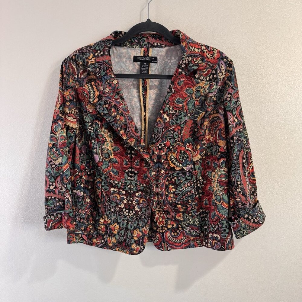Larry Levine Blazer Jacket 1X Paisley Colorful 3/4 Sleeves Cotton Stretch Artsy